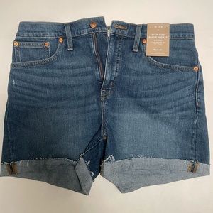 MADEWELL high rise denim shorts fitted through hip and thigh with magic pockets